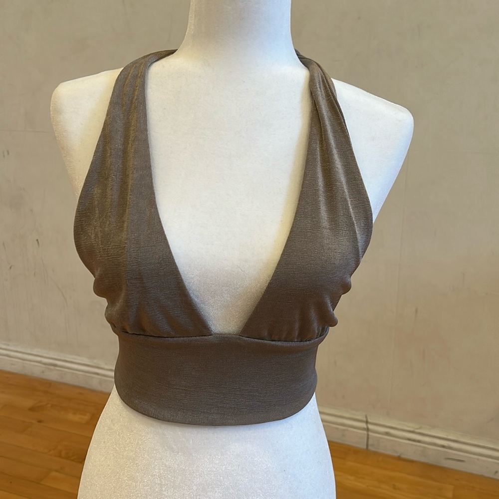 White Fox taupe halter style crop top backless L Large ties in back tank shirt
